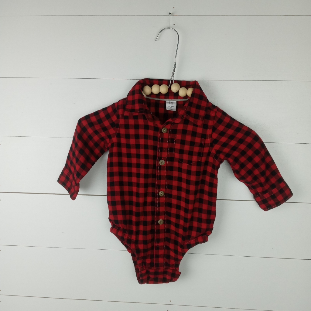 Baby Gap Boys Size 6-12 Mos Red Black Buffalo Check Flannel Top Button Up